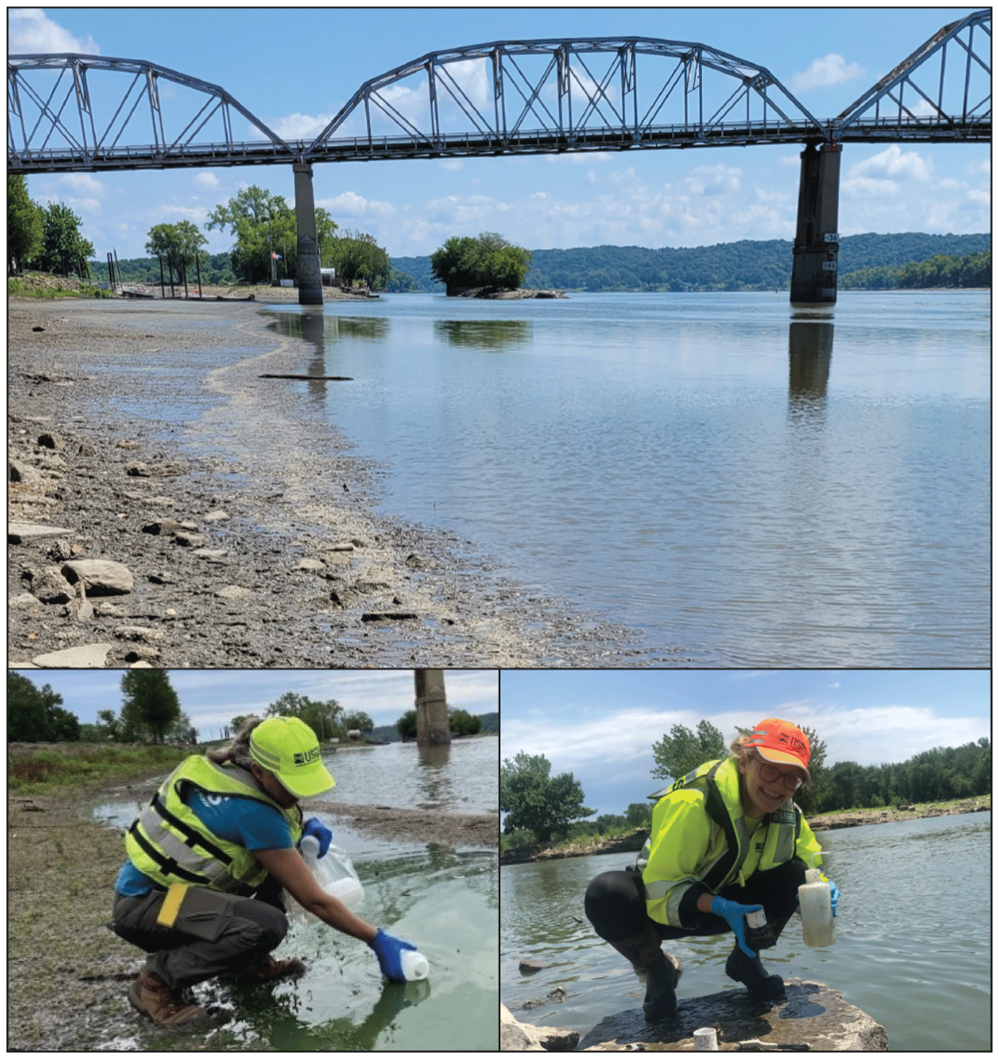 Three-image collage showing a river and hydrologists sampling the water.