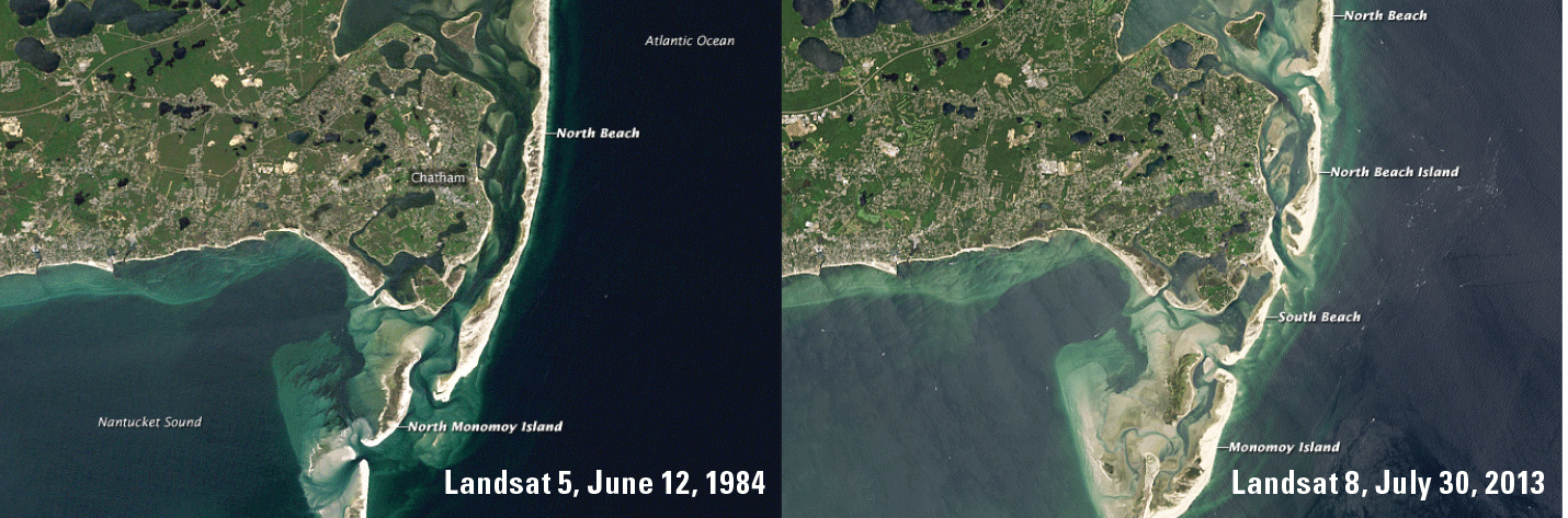 These images of the southeastern edge of Cape Cod. In 1984, an unbroken barrier spit
                        shielded the coast, while North and South Monomoy Islands were separate. By 2013,
                        three breaches opened in the barrier, and the Monomoy islands connected. Image credit:
                        Jesse Allen and Robert Simmon, National Aeronautics and Space Administration; and
                        the U.S. Geological Survey.