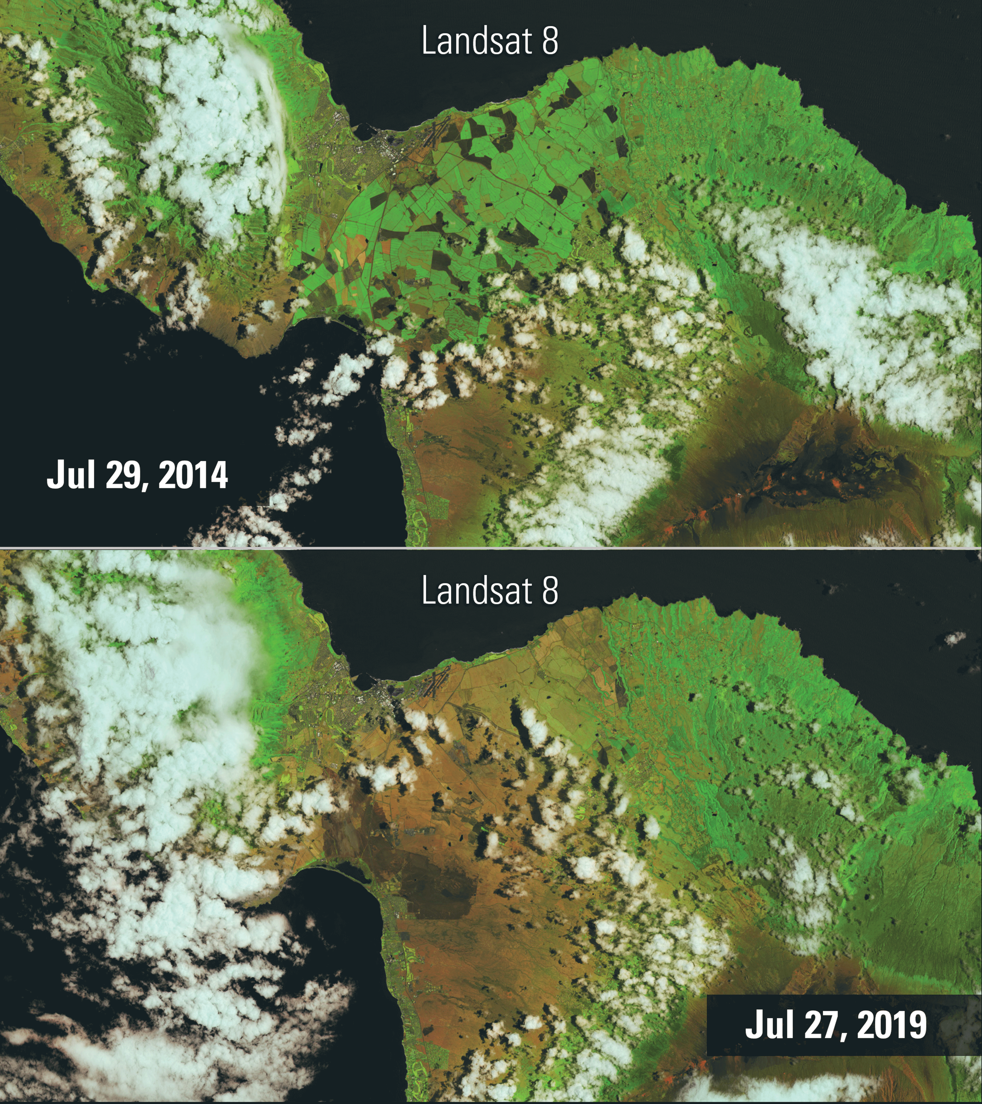 Comparison of Maui before and after the wildfires in 2019.