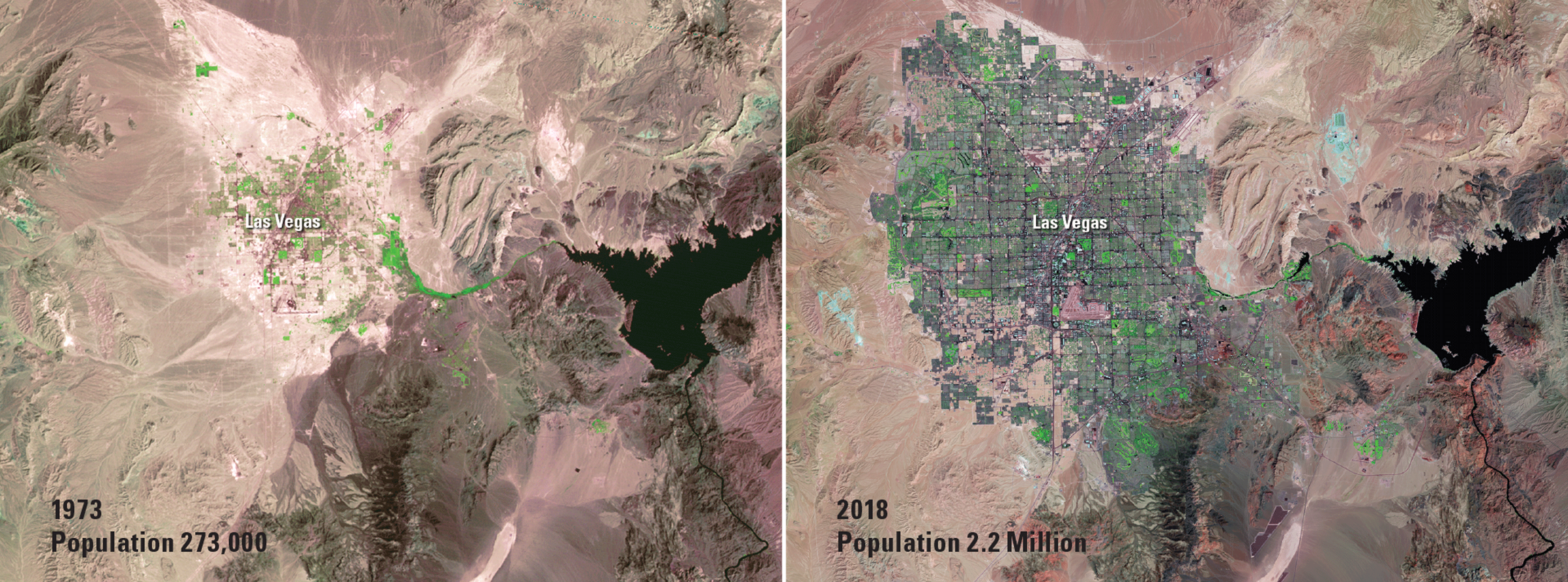 Comparison of the size of Las Vegas in 1973 and 2018. The area has more than quadrupled
                     in that time.
