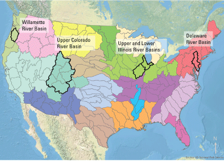 The Delaware, Upper Colorado, Illinois, and Willamette River Basins are shown on a
                     map of the United States.