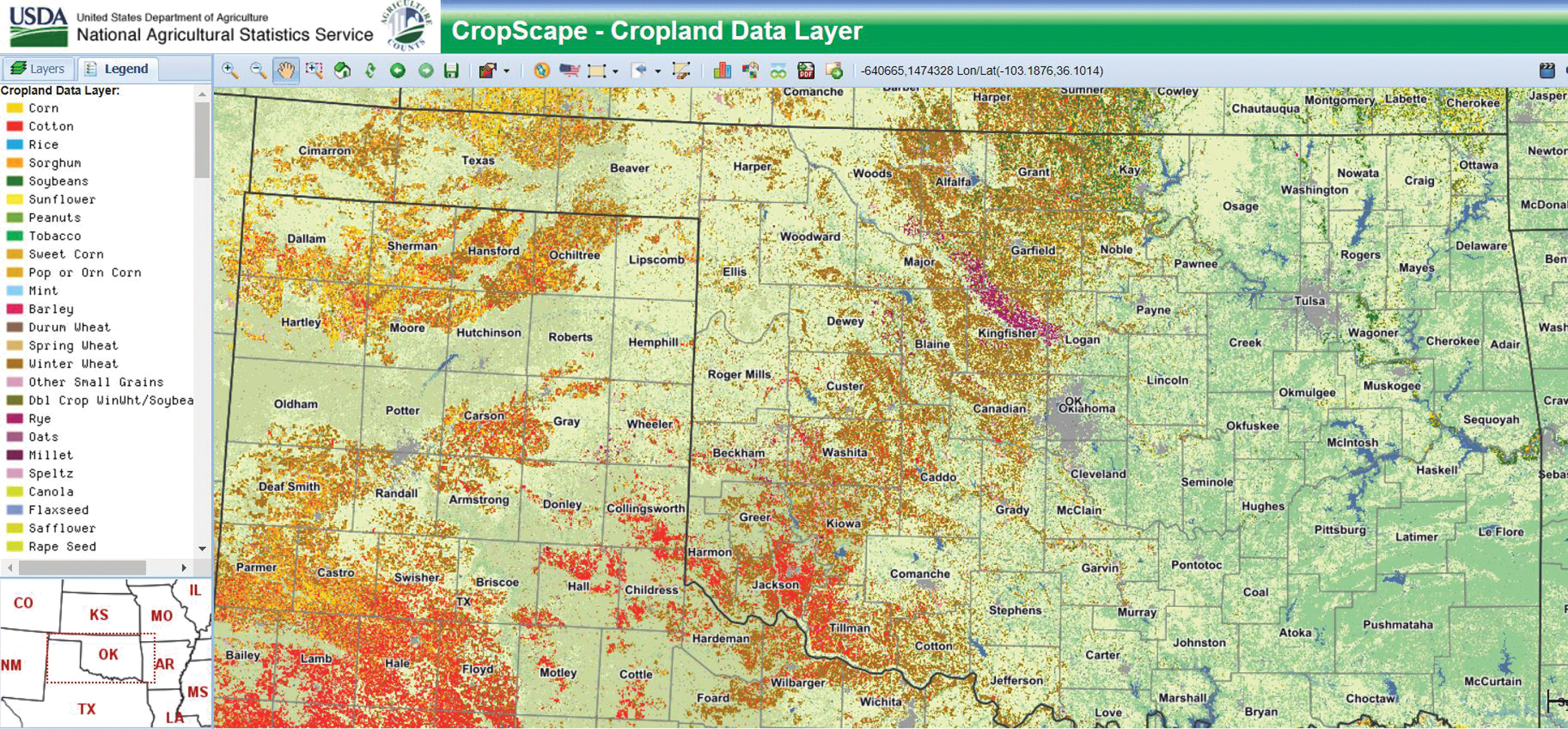 Cropland Data Layer map of Oklahoma showing mostly forest, grass and pasture, shrubland,
                     and wheat.