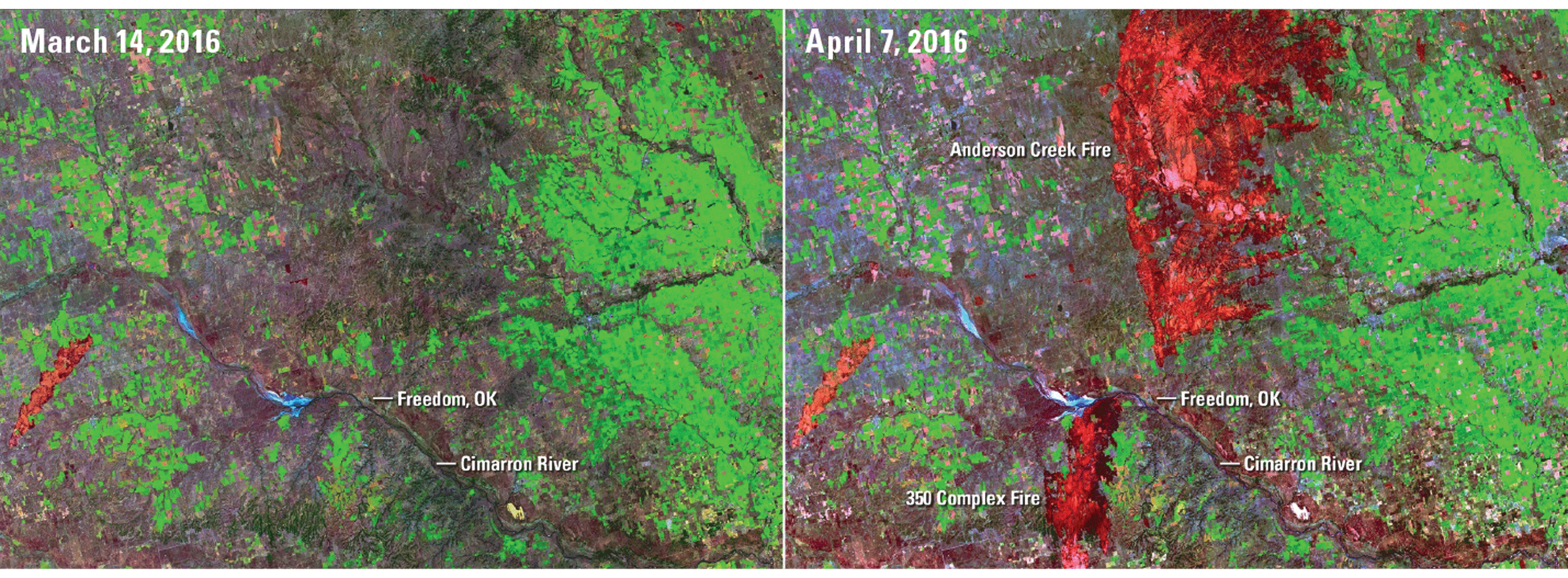 Landsat images from before and after two fires in Oklahoma. A burn scar is visible
                     from a previous fire.