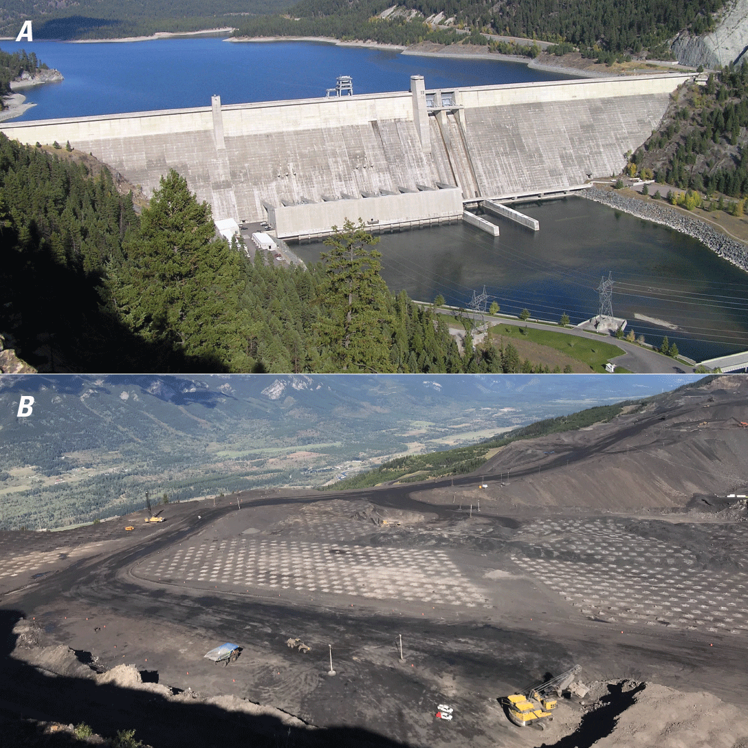 Two landscapes: one of a large dam, water, and surrounding mountains; another of more
                     barren landscape and heavy equipment.