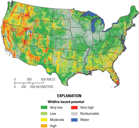 Map of the United States showing wildfire hazard levels ranging from very low to very
                     high.