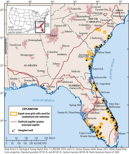 Overview the surficial aquifer system study area in the southeastern United States
                     with grid cells, boundaries, and sampled wells.