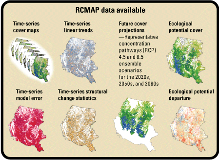 RCMAP products include time-series cover, ecological potential, and cover projections
                     for several climate change scenarios.