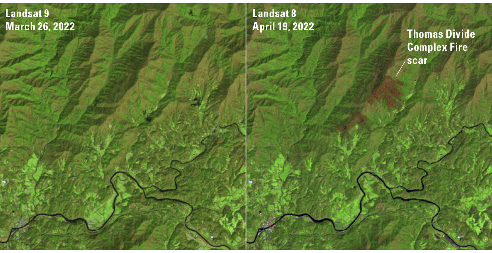 The fire scar is visible in map of the Great Smoky Mountain National Park region from
                     April 19, 2022.