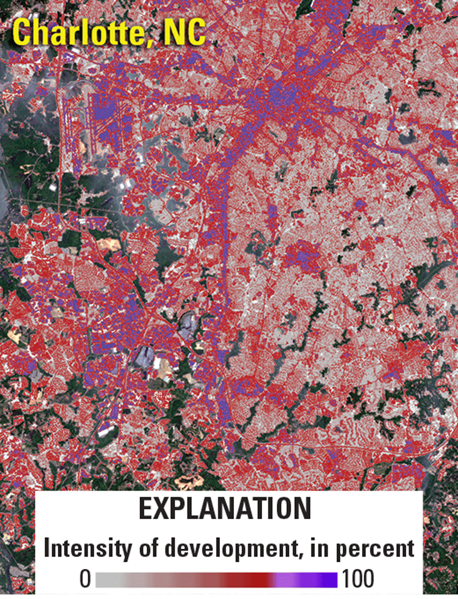 Landsat image showing intensity of development for most of Charlotte, North Carolina,
                     is at least 25 percent.