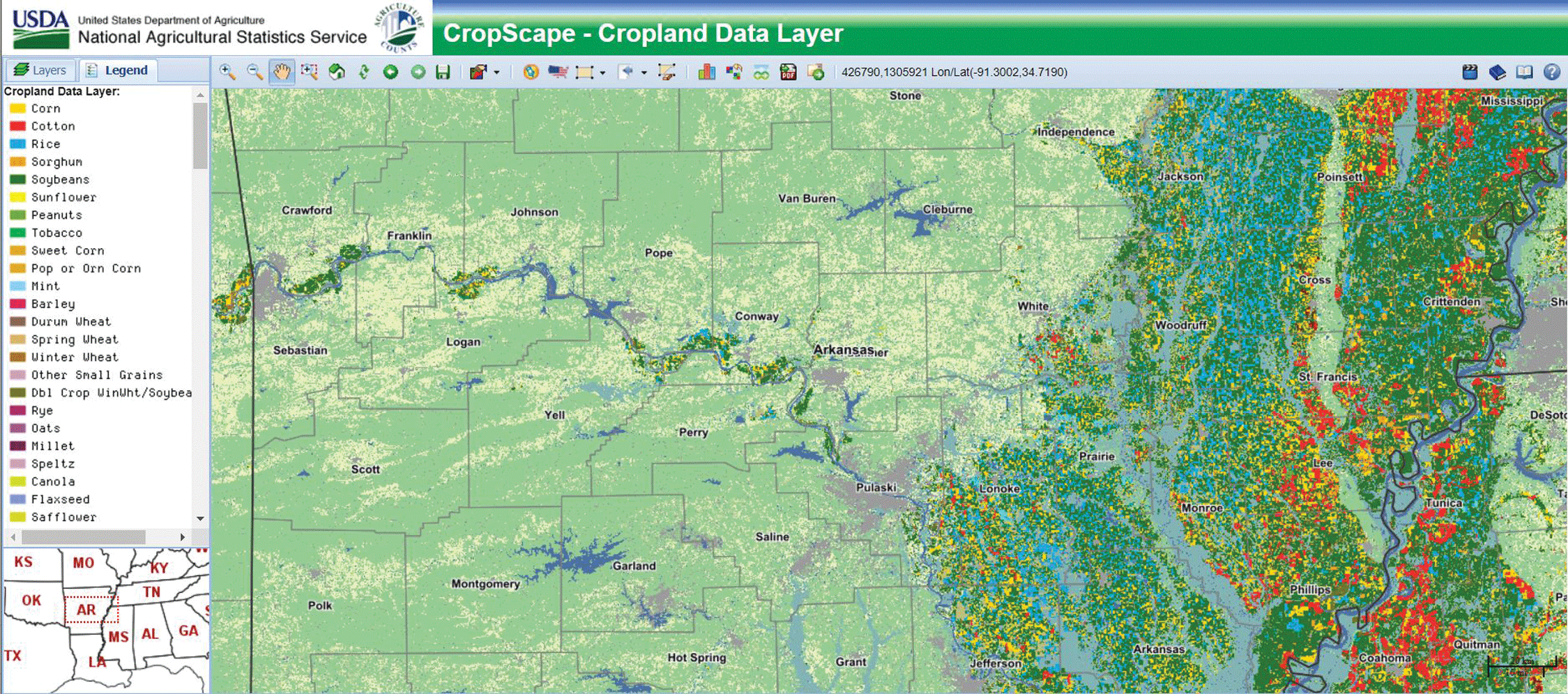 Map of central Arkansas showing forest and pasture in the western two-thirds and a
                     cropland mix in the east.