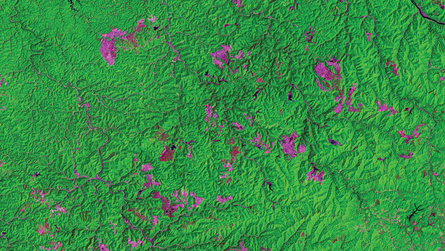 Landsat 5 image of Charleston shows areas of mine-related disturbances as clusters
                     throughout the image area.