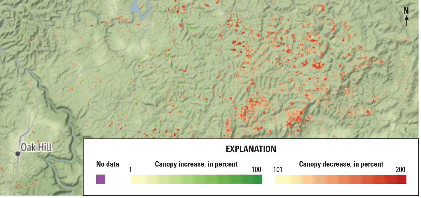 Map shows mostly low percentages of canopy increase. The central map region shows
                     clusters of canopy decrease.