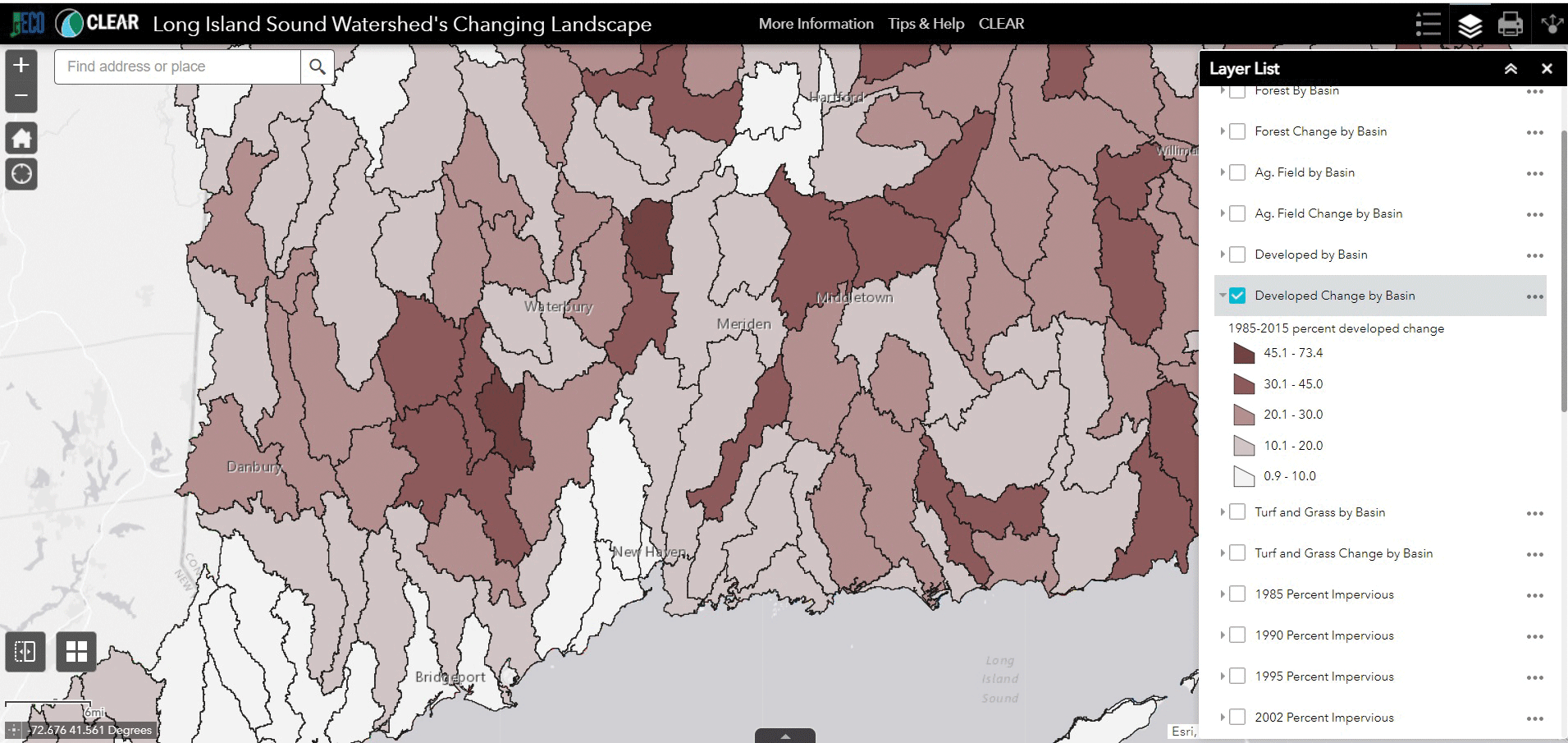 Screen capture of web page showing developed change by basin in Long Island Sound.