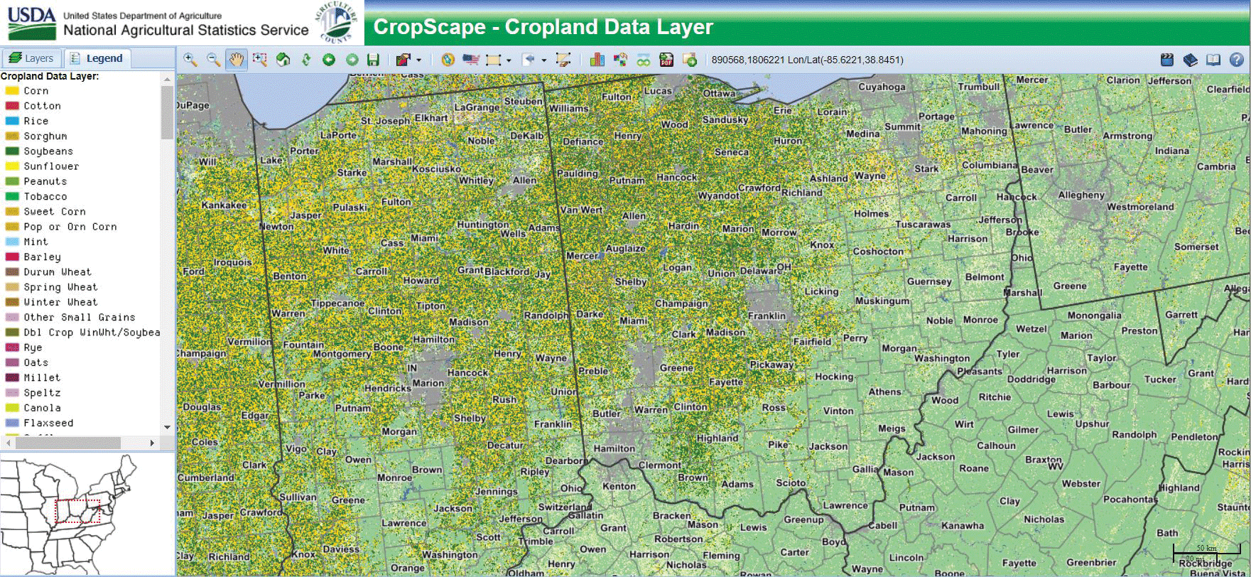 Screen capture showing forest, grassland, corn, and soybeans are the primary cropland
                     types in Indiana.