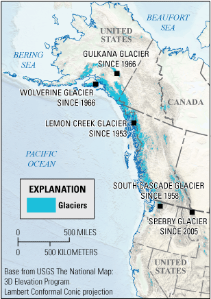 Map with locations of USGS Benchmark glaciers and outlines of glacierized regions
                     in northwestern North America.