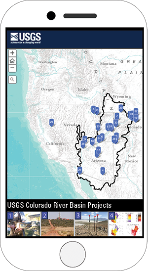 Map of the western United States showing short-term use case locations as blue pins
                           (above), with thumbnails of four use cases (below). The map is available at https://apps.usgs.gov/colorado-river-basin/integrated-drought-science.html, along with more information on each use case.