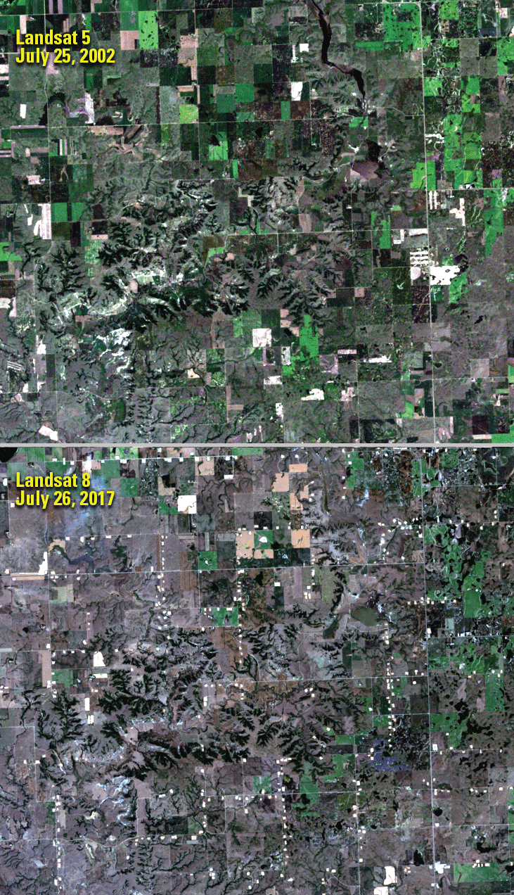 Dozens of well pads were established in North Dakota's Bakken oil patch from 2002
                     to 2017.