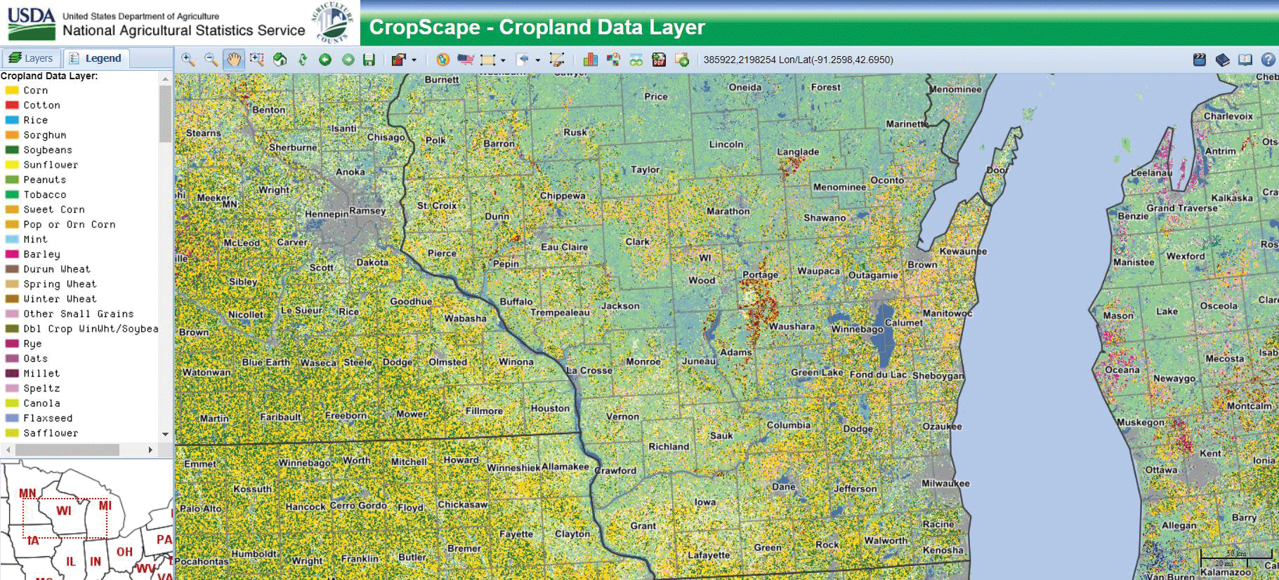 Screen capture showing crop types in Wisconsin.