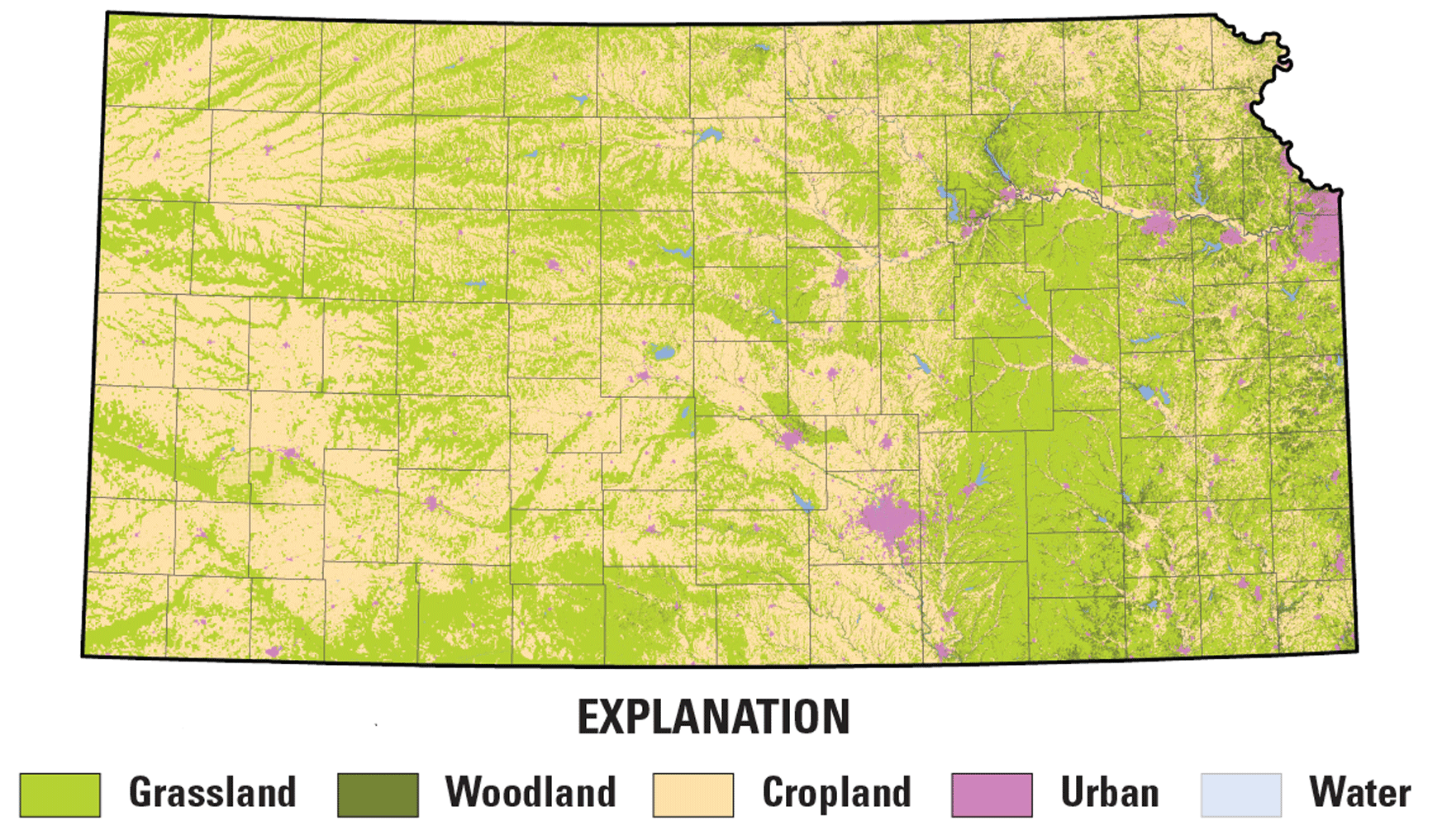Map showing land cover in Kansas is mostly grassland and cropland.