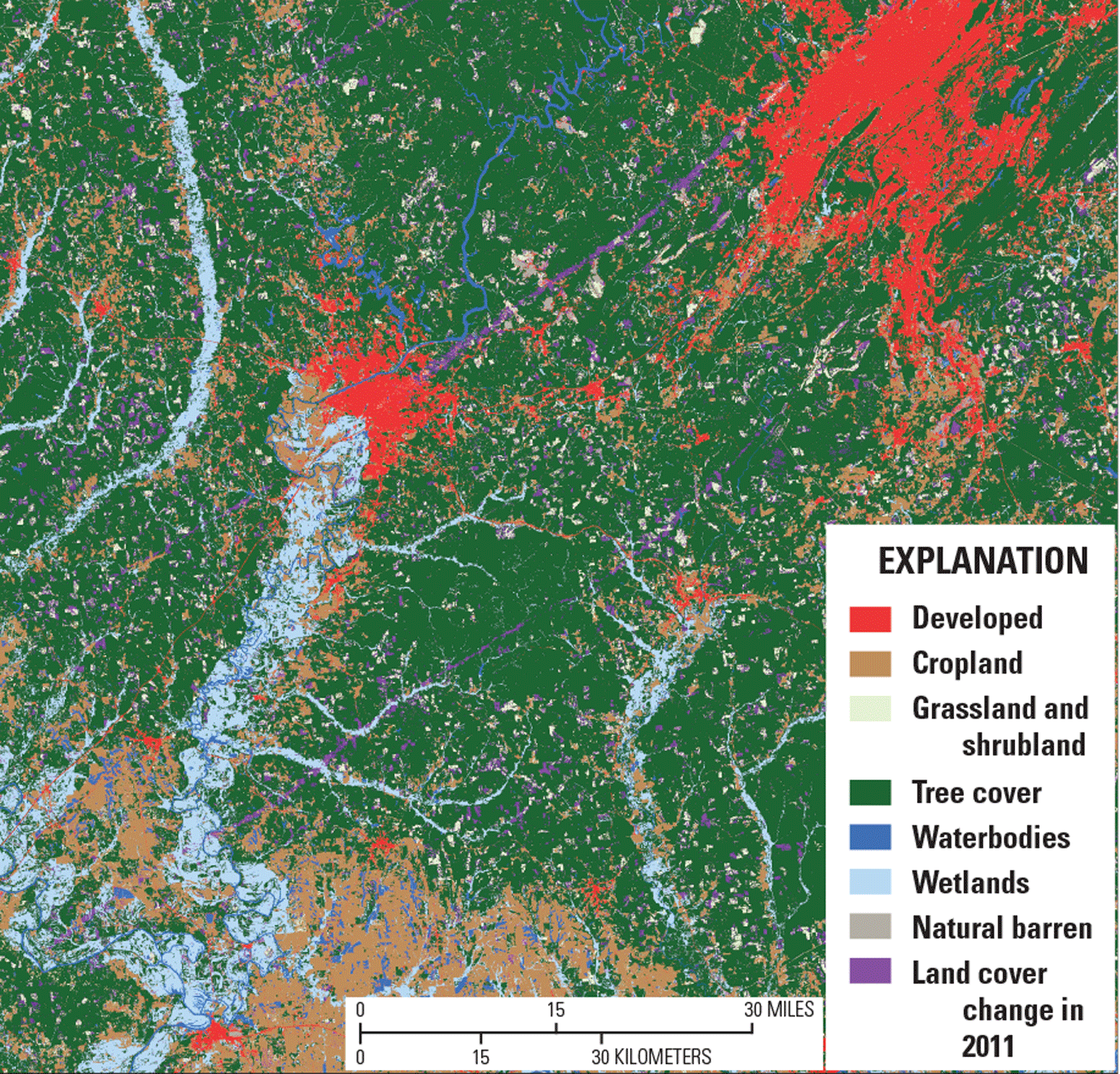 Image showing changes to the landscape caused by tornadoes in Alabama in 2011.