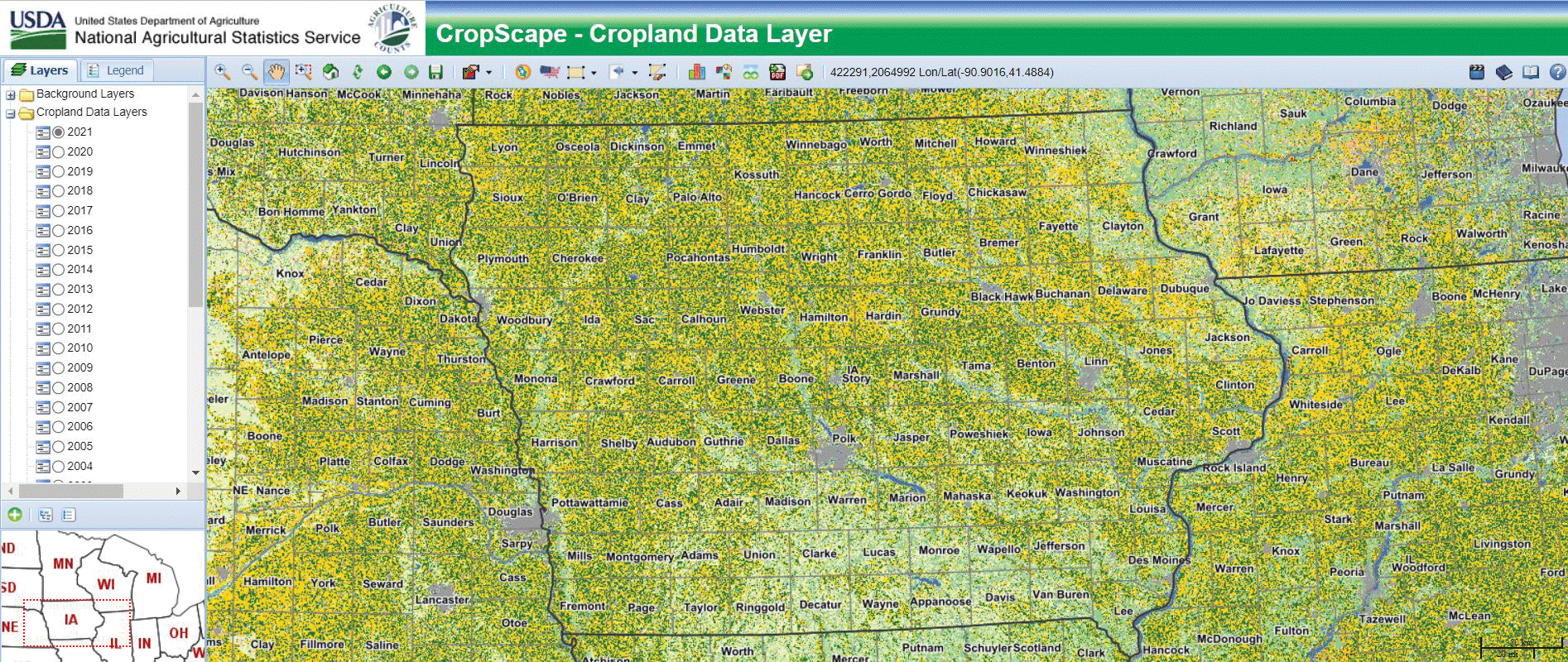 Screen capture showing corn and soybeans dominate Iowa's cropland.