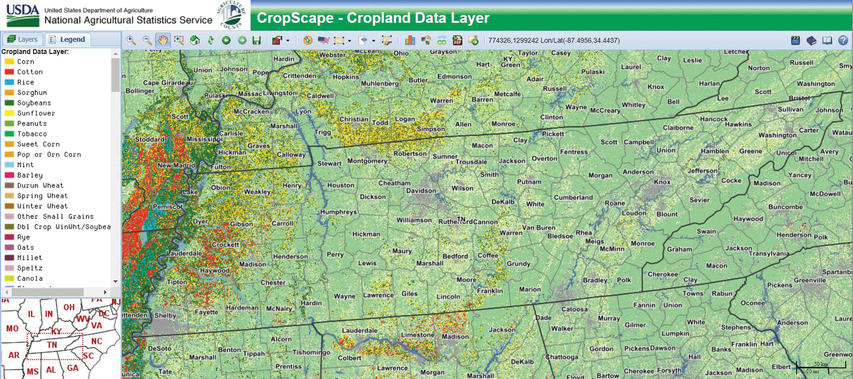 Screen capture showing cropland types in Tennessee.