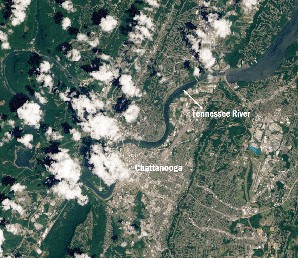 Landsat image of a cloudy sky above the Tennessee River.