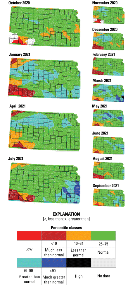 Maps show monthly streamflow across Kansas is normal for most of the State in water
                     year 2021.