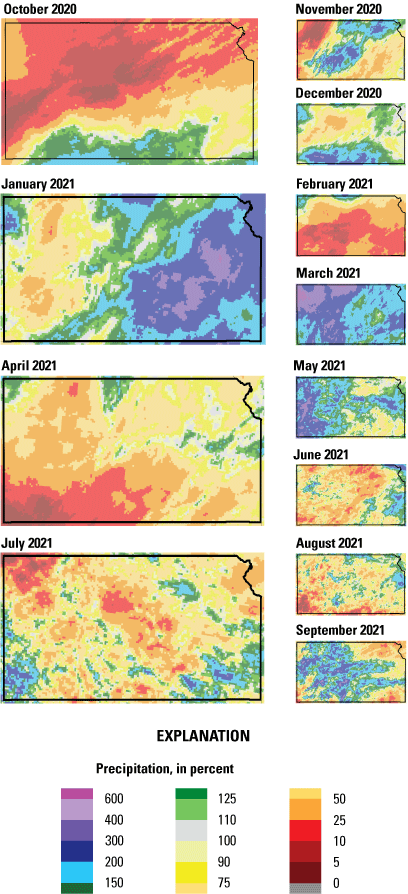 Maps show the percentage of monthly precipitation varies widely across Kansas in water
                     year 2021.