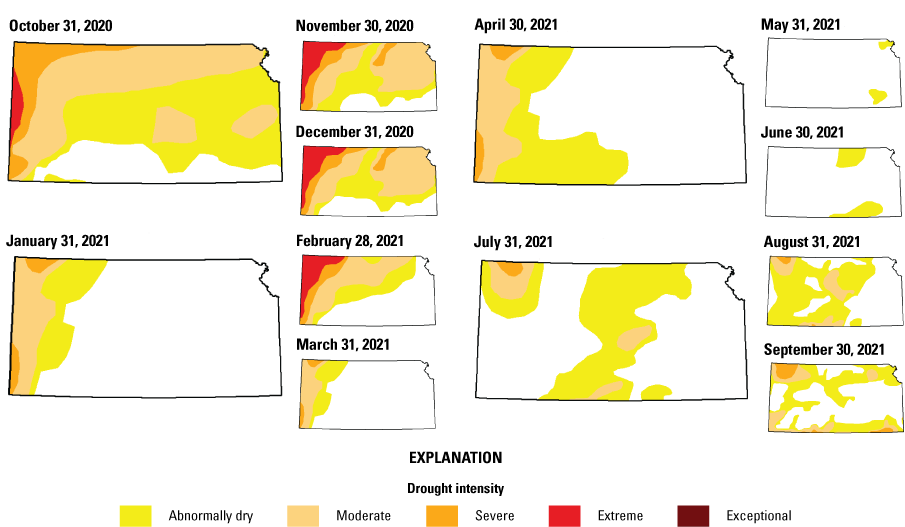 These maps show drought intensity varied over time, with the driest conditions in
                     the first half of water year 2021.