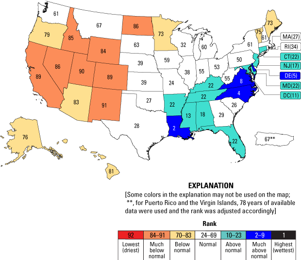 Streamflow was generally much below normal in the west, normal in the central States,
                     and above normal in east.