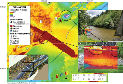 Orthomosaic map 3A shows temperature throughout the site, sensor locations, and depth
                           to bedrock at several locations. In 3B and 3C, infrared images are overlaid on visible
                           light photographs.