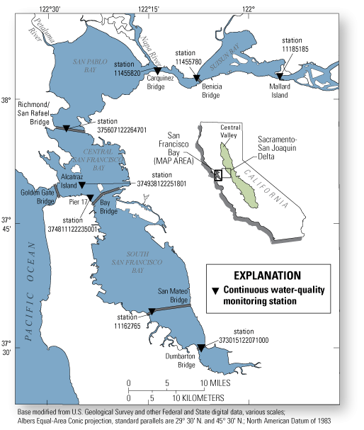 1.	Map of San Francisco Bay, California with site indicators at each bridge crossing
                     the Bay.