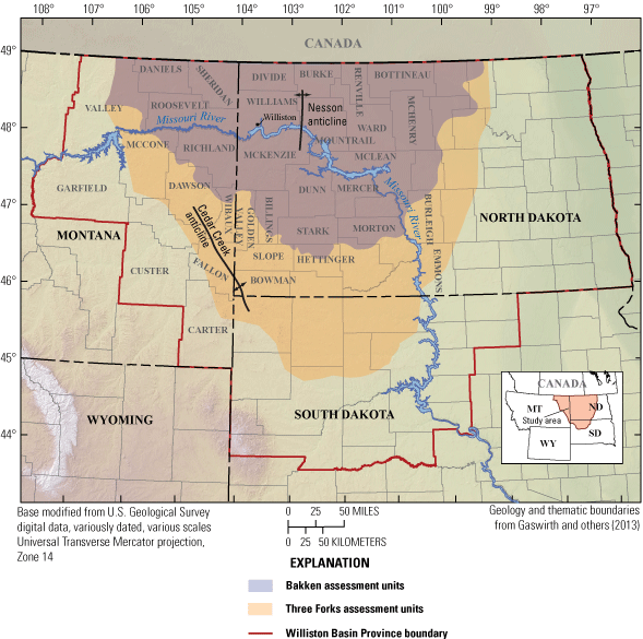 The Williston Basin Province boundary and Bakken and Three Forks assessment units
                     in the northern United States.