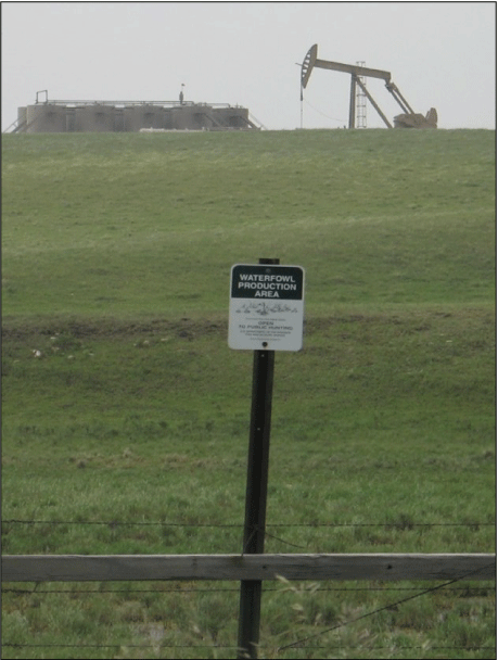 Photograph showing oil production pad surrounded by open grassed pasture.
