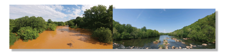 Left photo showing a dirty stream, right photo showing a clean stream.