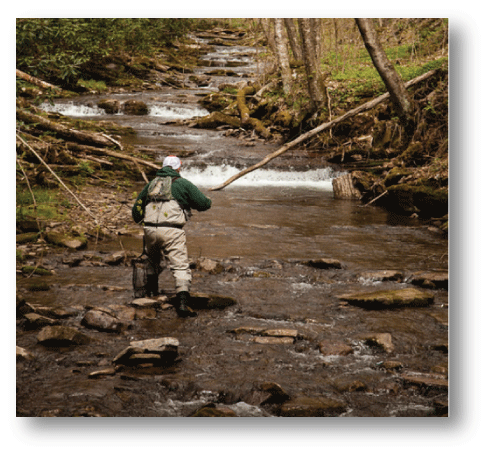 A fly fisherman enjoys a stream.