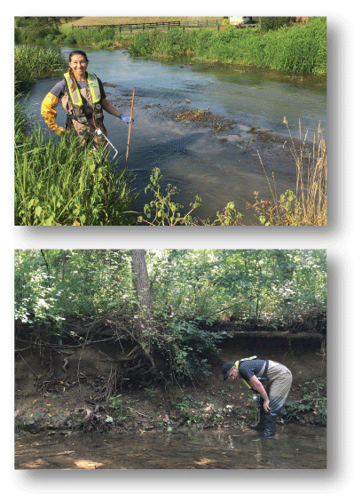 Left photo of a scientist holding a measurement stick, right photo of a scientist
                        bending down at a stream.