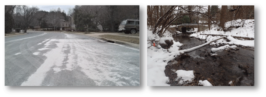 Left photo showing a road with deicer material, right photo showing stream surrounded
                        by snow
