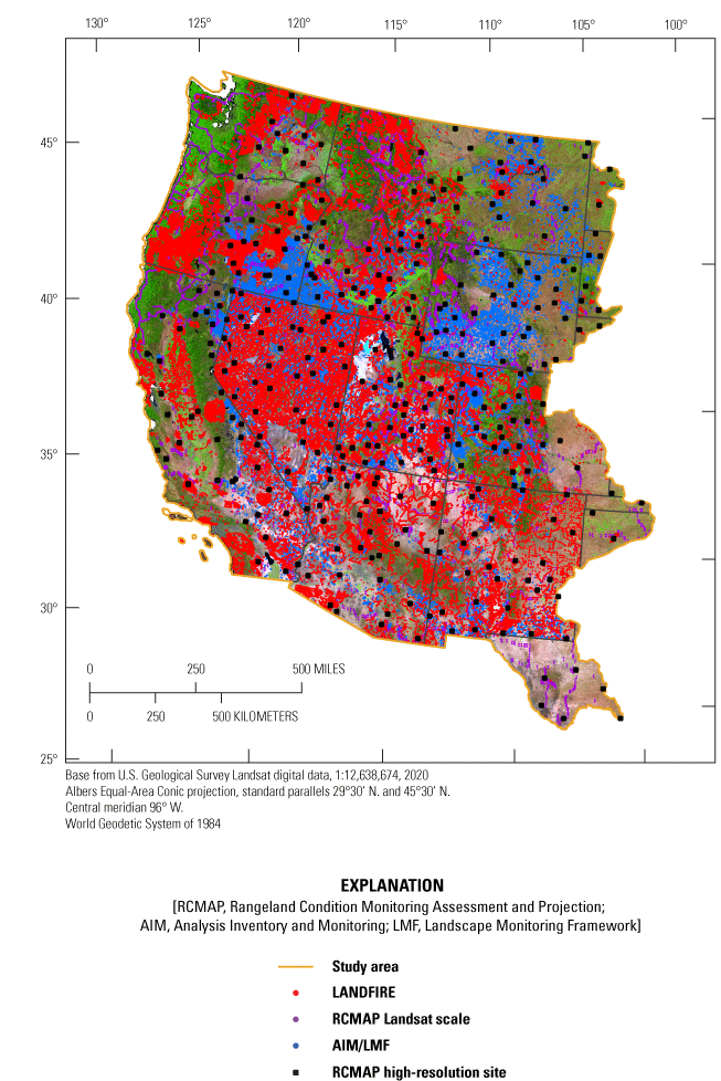Map of the western United States showing Rangeland Condition Monitoring Assessment
                     and Projection high-resolution sites and distribution of training data.