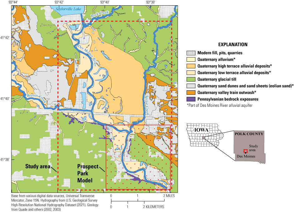 Map of study area and surficial geology near Des Moines, Iowa. Inset map showing location
                     of study area within Polk County within the state of Iowa. Surficial geologic units
                     showing on map include modern fill, alluvium, high and low terrace alluvial deposits,
                     glacial till, eolian sand, valley train outwash, and Pennsylvanian bedrock. Surficial
                     geologic units that are part of the Des Moines River alluvial aquifer include alluvium,
                     high and low terrace alluvial deposits, eolian sand, and valley train outwash. Prospect
                     Park model area shown in the south east corner of study area outline.