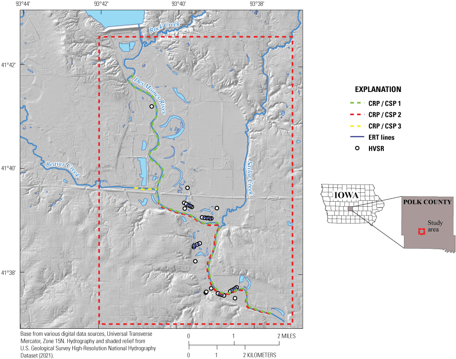 Map of shaded relief of terrain and hydrologic features including rivers and lakes.
                     Also showing on map are the locations of 4 types of geophysical data collected within
                     study area. Geophysical methods included marine continuous resistivity profiling and
                     continuous seismic profiling, used concurrently; electrical resistivity tomography
                     profiles; and single-point horizontal-to-vertical spectral ratio passive seismic measurements.
                     Inset map showing location of study area within Polk County within the state of Iowa.