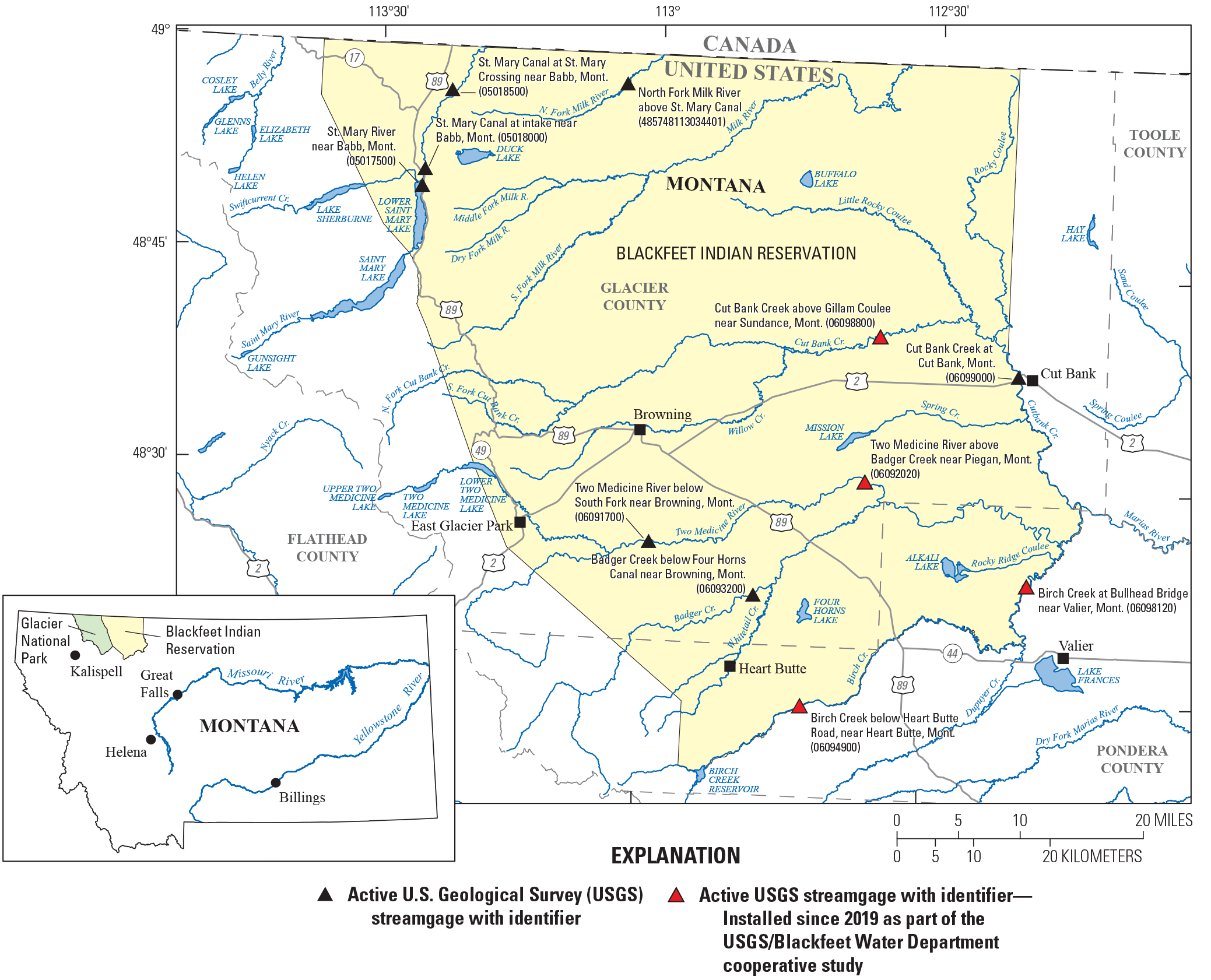 Figure 1. Map showing location of streamgages on the Blackfeet Indian Reservation
                     of Montana.