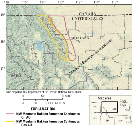 Location of two continuous oil and gas assessment unites in the Bakken Formation of
                     northwest Montana.