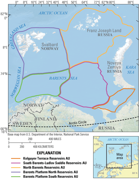 Figure 1. Map showing the location of five conventional assessment units (AUs) of
                     the Barents Sea area assessed in this study.