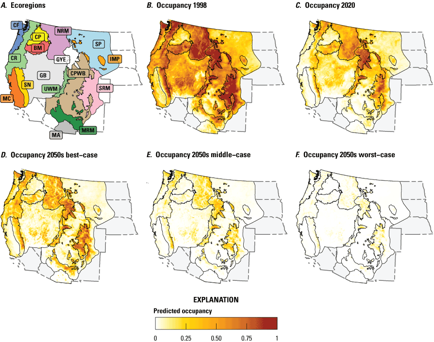Figure 1. One map of ecoregions, one map each of predicted western bumble bee mean
                        occupancy for 1998 and 2020, and three maps of predicted bee occupancy for different
                        future climate scenarios.