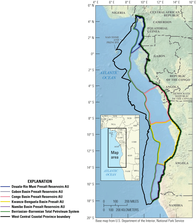Outlines of five assessment units spanning the coast of west-central Africa from Cameroon
                     to Namibia.
