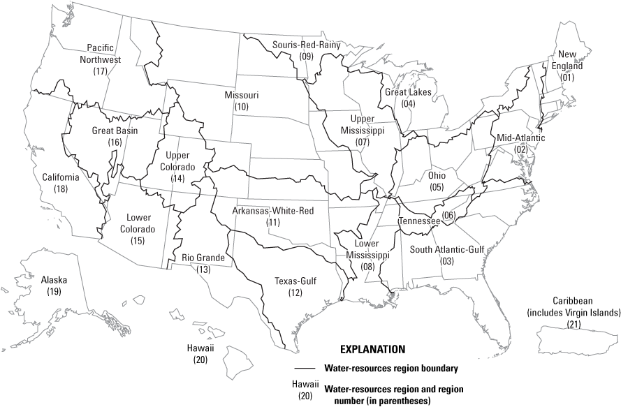 Map with border lines showing water-resources regions of the United States