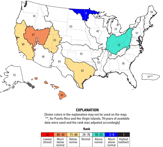 Map with different colors on states showing regional streamflow ranks in the United
                     States for water year 2022 compared to annual streamflows for water years 1930–2022.