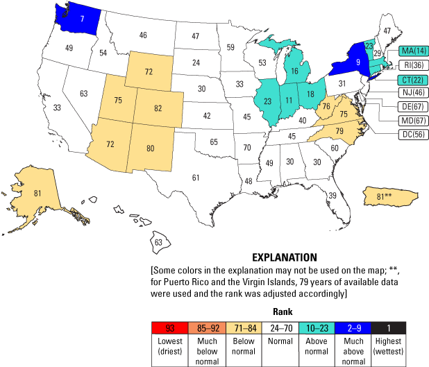 Map with different colors on states showing autumn statewide streamflow ranks in the
                     United States compared to autumn streamflows for water years 1930–2022.